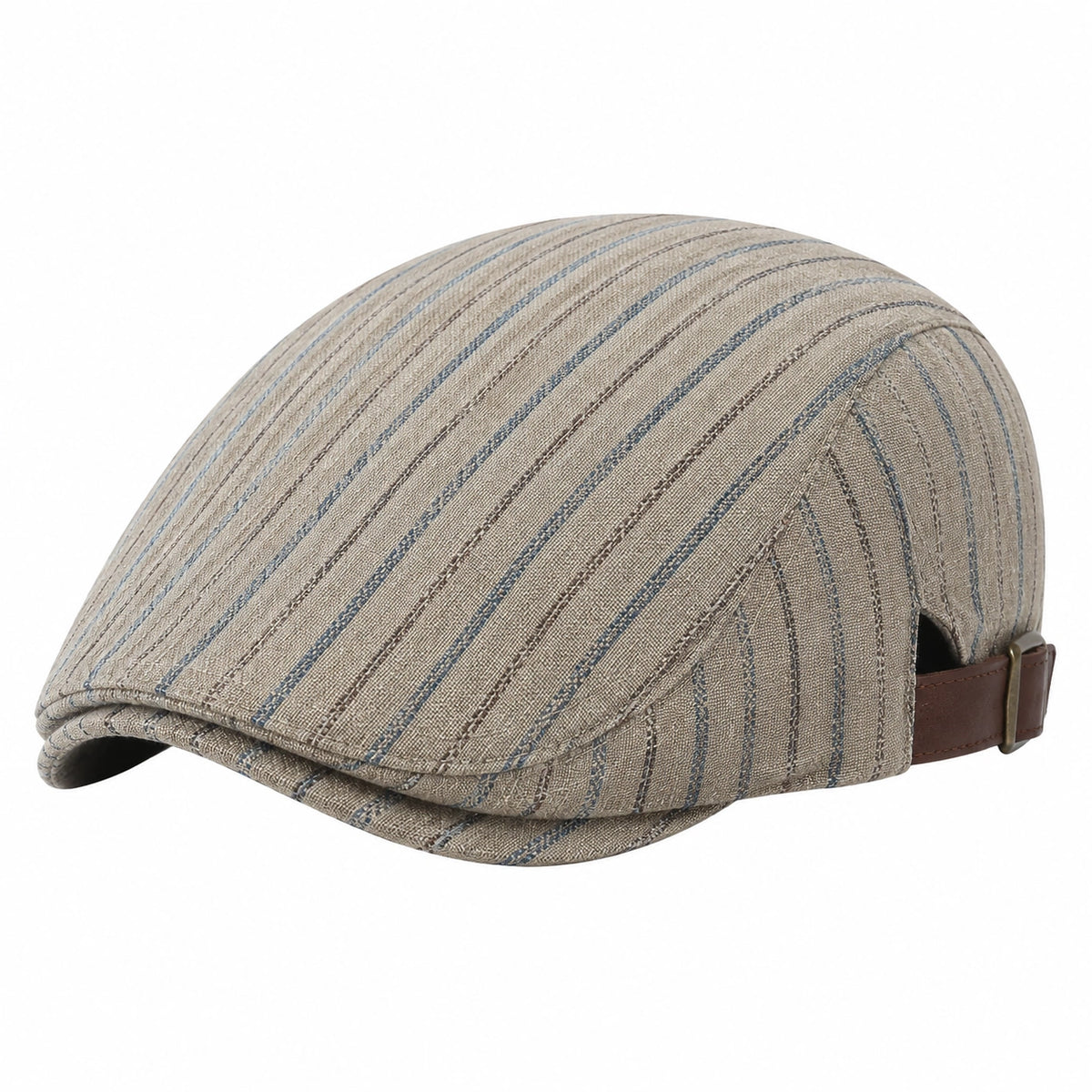 Gorra plana talla única de tejido beige a rayas con correa ajustable estilo clásico
