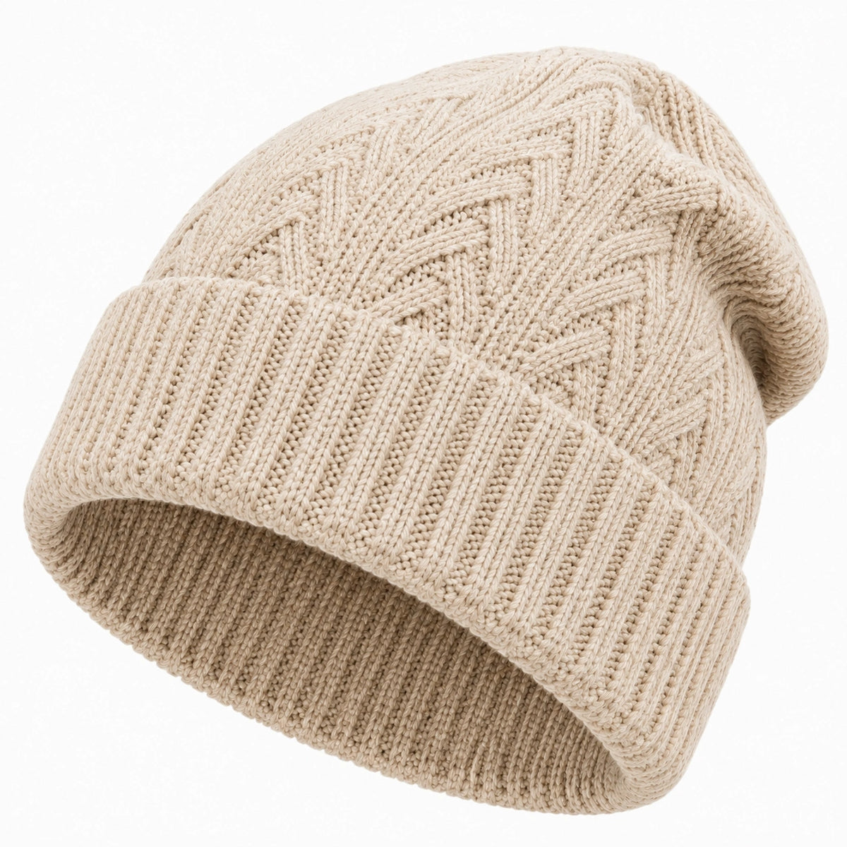 Gorro de punto talla única beige tejido acanalado con vuelta para uso diario