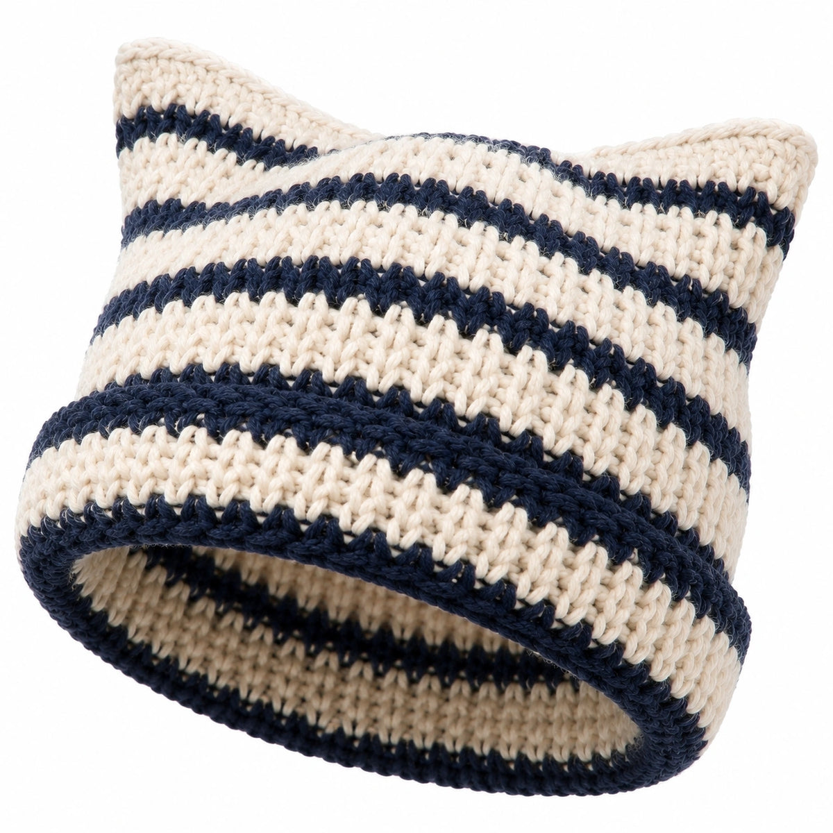Gorro de punto talla única beige y azul marino de rayas para uso diario
