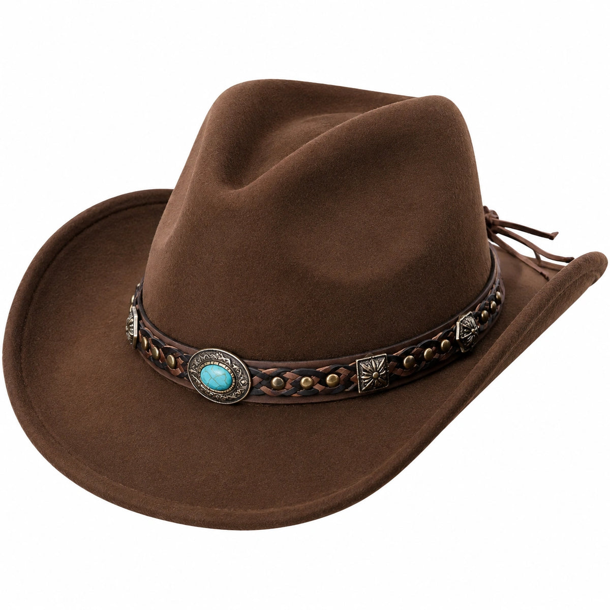 Sombrero vaquero talla única marrón de tejido afelpado con cinta trenzada estilo western